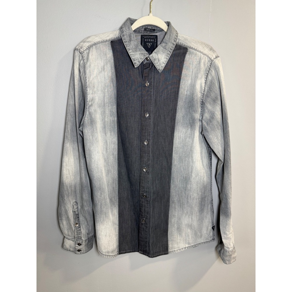 Mens Guess Slim Fit Washed Denim Button Up Shirt Gray Black Color Block Size M